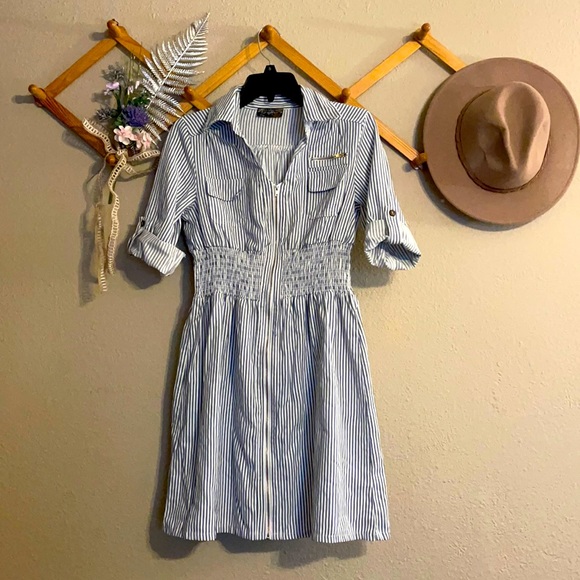 J Gee Dresses & Skirts - Mid-Sleeve Full-Zip Blue-Striped Casual Dress